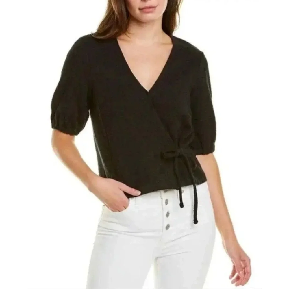 Madewell Texture And Thread Black Wrap‎ Tie Short-Sleeve Top